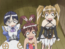 a group of anime characters are standing next to each other and one of them has a cross on her chest