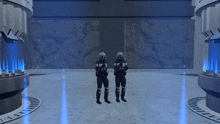 two soldiers are standing in a room with a blue light behind them