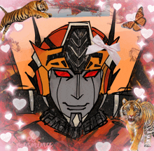 a drawing of a robot with a bow on his head with a tiger and butterflies in the background