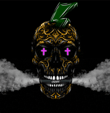 a skull with purple crosses on its eyes and the word crypt on its mouth