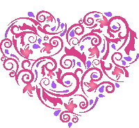 a pink and purple heart with swirls and flowers