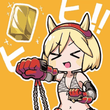 a cartoon of a girl with horns holding a chain and a gold bar