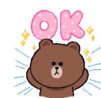 a brown teddy bear with a pink ok sign above his head