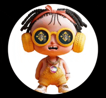 a doll with dreadlocks wearing headphones and sunglasses has a necklace with a coin on it