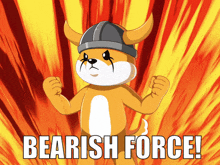 a picture of a dog wearing a viking helmet with the words bearish force written below it