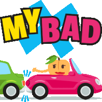 a peach is driving a pink car with the words my bad behind it