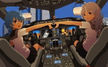 two anime girls are making a heart shape with their hands in the cockpit of a plane .