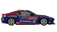 a blue and red racing car with the word solupark on the side