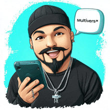 a cartoon of a man holding a cell phone with a speech bubble that says multiverse