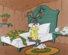 a cartoon of bugs bunny sitting on a bed in a bedroom