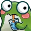 a frog is drinking a glass of water through a straw .