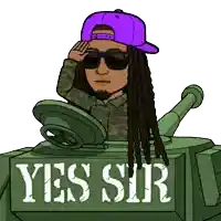 a cartoon of a man wearing a purple hat and sunglasses sitting in a green tank that says yes sir