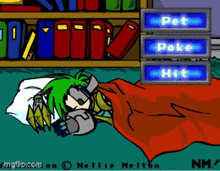 a cartoon of a robot laying on a bed with the words pet poke hit on the screen