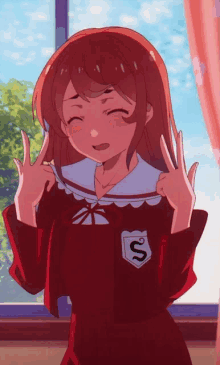 a girl in a school uniform with the letter s on her shirt