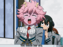 a girl with pink hair is crying with the words you made her cry below her