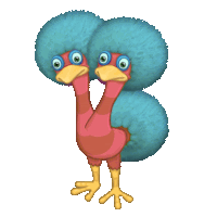 a cartoon ostrich with two heads and blue hair