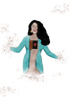 a drawing of a woman with a book in her chest and a heart on her chest