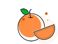 a drawing of an orange with a green leaf and a slice of orange