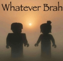 a silhouette of a man and a woman standing next to each other with the words whatever brah below them
