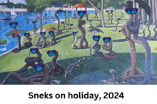 a painting of snakes wearing sunglasses with the words snakes on holiday 2024 below it