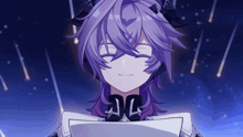 a cartoon character with purple hair has the letter jc on his chest