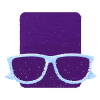 a pair of blue sunglasses sits on a purple background with the letter bu written on it