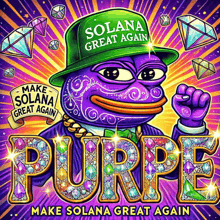 a purple frog wearing a green hat says make solana great again