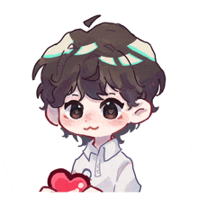 a drawing of a boy holding a red heart with the letter o on his shirt