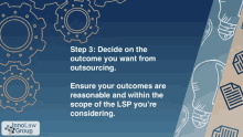 a blue background with gears and a light bulb and the words " step 3 decide on the outcome you want from outsourcing "