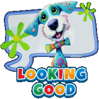 a picture of a dog with a speech bubble saying looking good