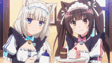 two anime maids are sitting next to each other holding a tray with a piece of cake on it