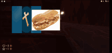 a picture of a sub sandwich with a cross behind it