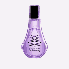 a purple bottle of love potion so tempting perfume on a white background