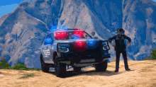 a police officer stands in front of a police car that says ' san diego county sheriff ' on the front