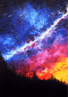 a painting of a colorful night sky with a silhouette of trees in the foreground