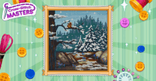 a cross stitch masters advertisement with a picture of a squirrel on a tree branch