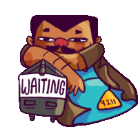 a cartoon of a man holding a sign that says " waiting "