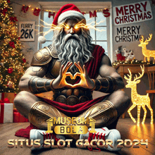 an advertisement for situs slot gacor shows a man in santa hat making a heart with his hands