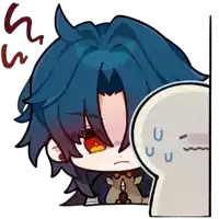 a cartoon drawing of a boy with blue hair and red eyes behind a ghost