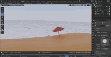 a computer screen shows a red umbrella on the beach