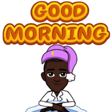 a cartoon character with a purple hat and the words good morning