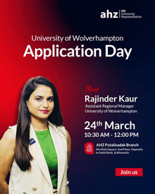 a poster for university of wolverhampton application day with a woman on it