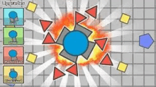 a cartoon drawing of a circle surrounded by triangles and a explosion .