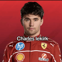 a man wearing a red shirt with logos for hp shell and unicredit is named charles lekirk