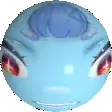 a blue ball with red eyes and a smiley face on it .