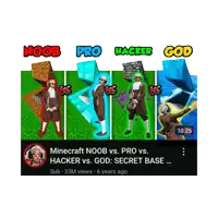 a screenshot of a video titled minecraft noob vs. pro vs. hacker vs. god
