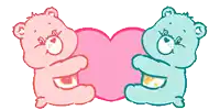 two care bears are hugging each other and holding a heart in their hands