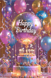 a birthday cake with candles and a balloon that says " happy birthday "