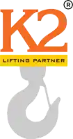 a logo for k2 lifting partner with a hook on it