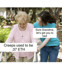 a woman is helping an elderly woman with a walker